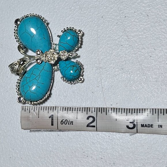 Southwest Turquoise Silver Tone Butterfly Pendant Textured Detail Boho Jewelry - Picture 4 of 4